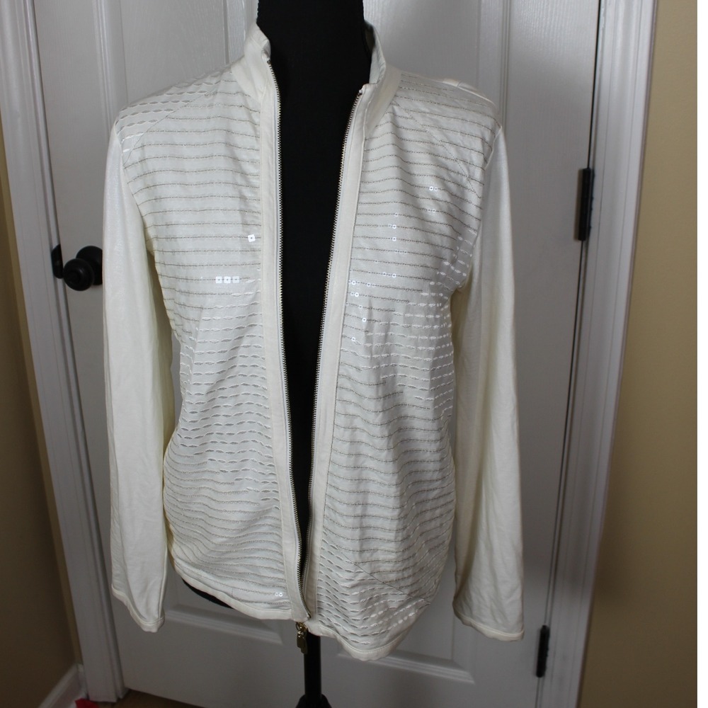 Chicos Women's Sequined Detail Full Zip Lightweight Cream Jacket Size 0‎